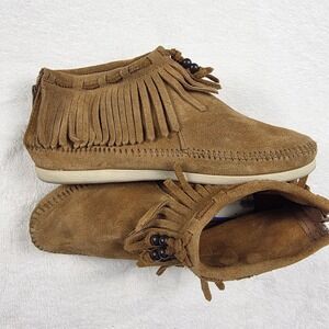 Minnetonka Back Zip Fringe Bootie Womens 8.5 Brown Good Suede Beaded 463S